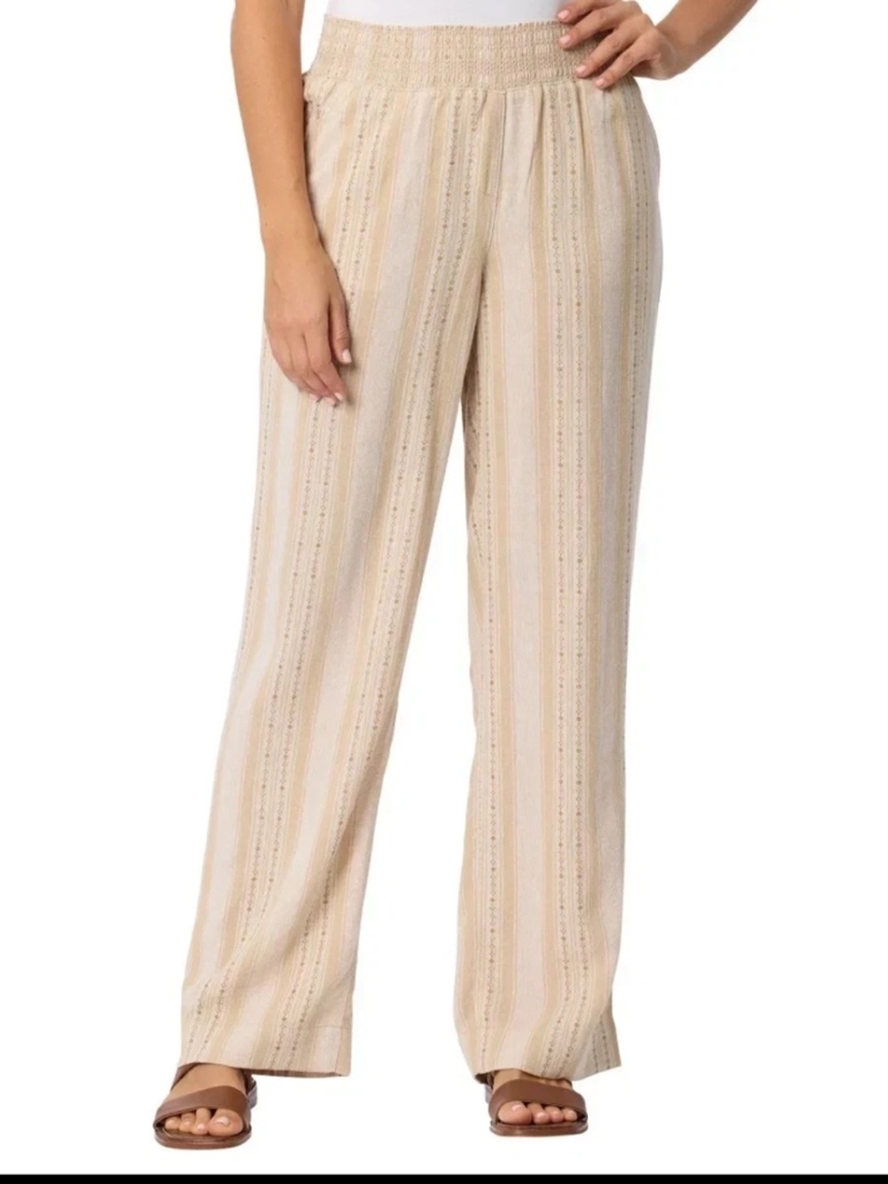 BRIGGS Women Pants Tan Linen Striped Boho Cottagecore Beachy Relaxed textured